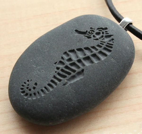 Seahorse necklace -Tiny PebbleGlyph(c) Pendant - engraved beach stone necklace