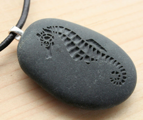 Seahorse necklace -Tiny PebbleGlyph(c) Pendant - engraved beach stone necklace