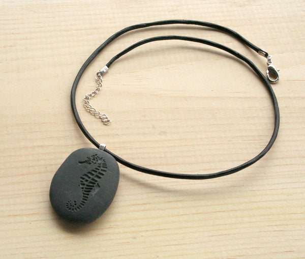 Seahorse necklace -Tiny PebbleGlyph(c) Pendant - engraved beach stone necklace