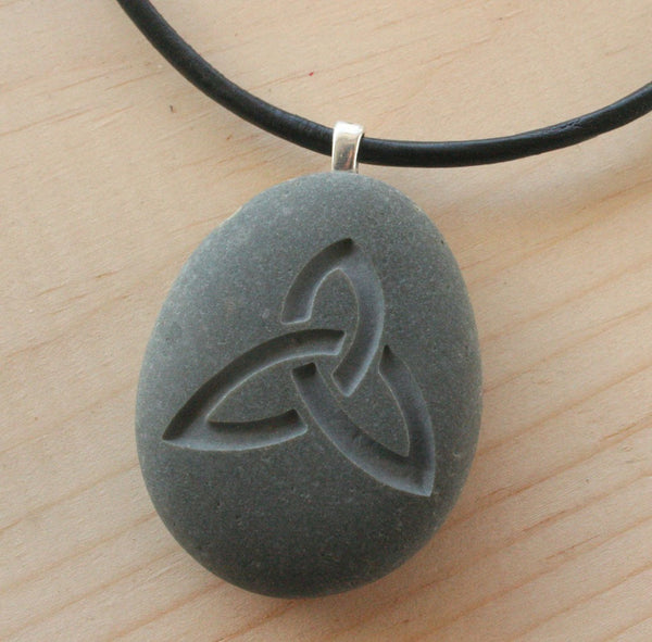 Celtic triquetra necklace - Tiny PebbleGlyph (C) pendant - engraved beach stone