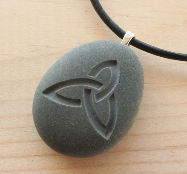 Celtic triquetra necklace - Tiny PebbleGlyph (C) pendant - engraved beach stone