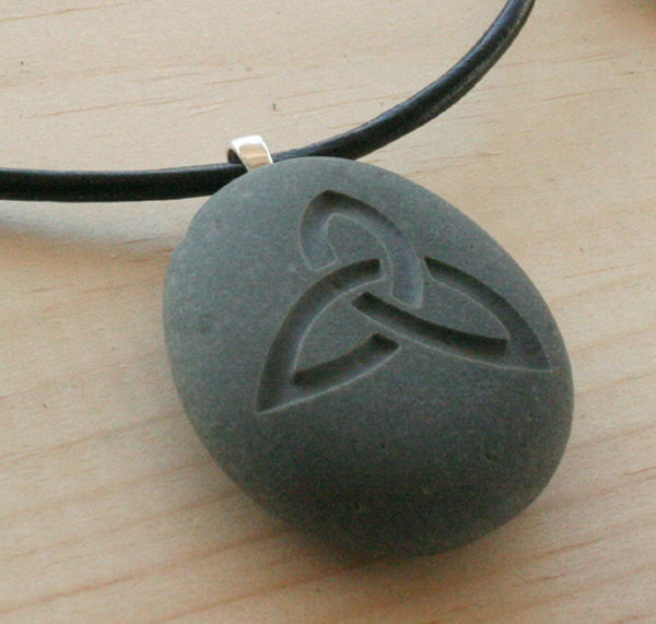 Celtic triquetra necklace - Tiny PebbleGlyph (C) pendant - engraved beach stone