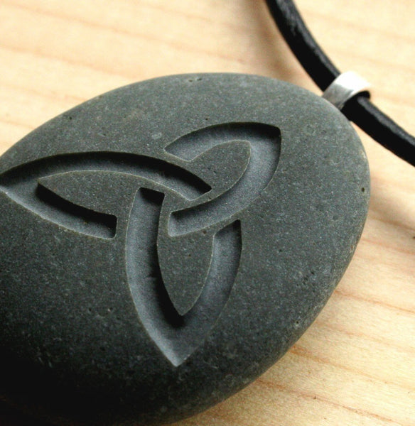 Celtic triquetra necklace - Tiny PebbleGlyph (C) pendant - engraved beach stone