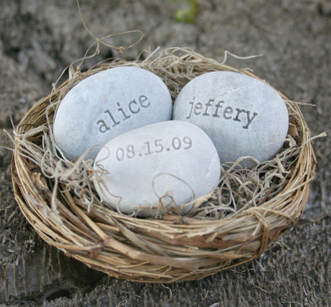 Personalized wedding gift for couple - Love Nest- engraved stones with names and date in bird nest