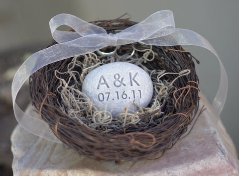 Ring Bearer Nest - with personalized Initials and date stone - Merry Pebble (TM) Collection by SJEngraving