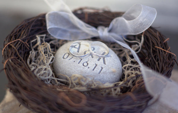 Ring Bearer Nest - with personalized Initials and date stone - Merry Pebble (TM) Collection by SJEngraving