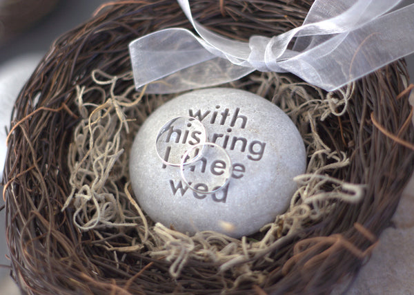 Wedding ring bearer nest - With this ring I thee wed - Merry Pebble (TM) Collection by SJ-Engraving - for wedding, commitment ceremony