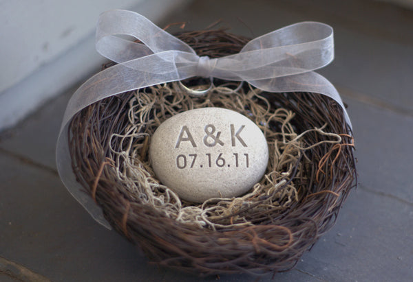 Ring Bearer Nest - with personalized Initials and date stone - Merry Pebble (TM) Collection by SJEngraving