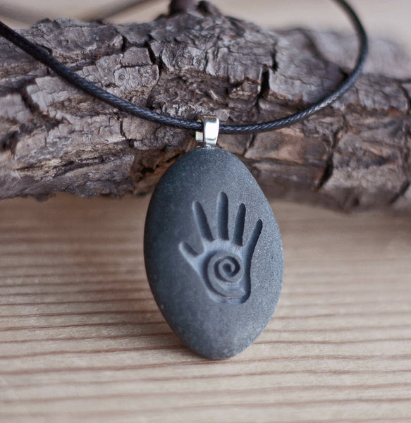 Healing Hand - Tiny PebbleGlyph (C) Necklace - Engraved stone necklace