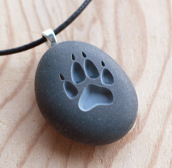 Wolf paw print - engraved stone necklace -Tiny PebbleGlyph (C) necklace by SJ-Engraving