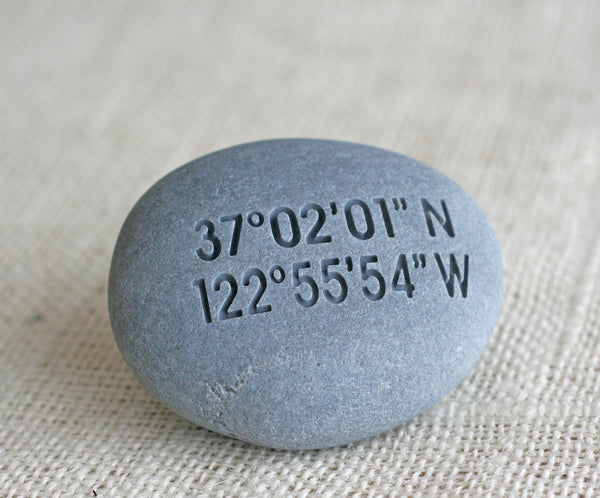 Wedding location pebble - double sided engraving - longitue & latitude engraved pebble