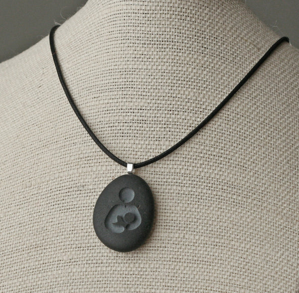 Mothers necklace - Breast feeding symbol - Tiny PebbleGlyph Pendant (c) - Engraved beach stone necklace