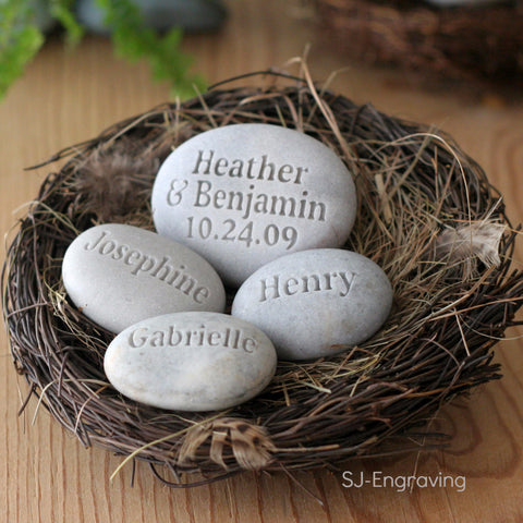 Family Nest ~ Housewarming, Anniversary gift - set of 4 personalized name stones in bird nest