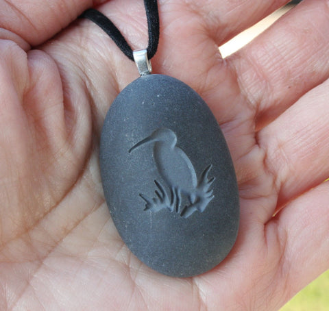 The Heron (bird) Necklace - Tiny PebbleGlyph(c) Pendant - engraved beach pebble