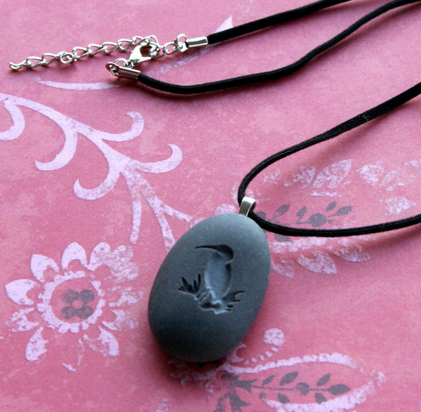 The Heron (bird) Necklace - Tiny PebbleGlyph(c) Pendant - engraved beach pebble