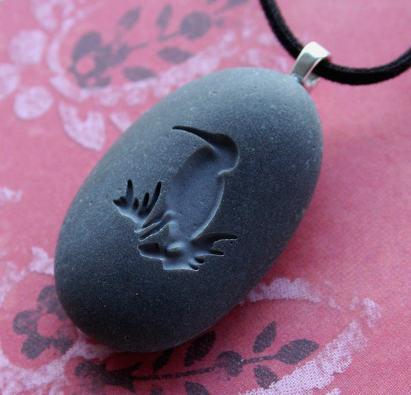 The Heron (bird) Necklace - Tiny PebbleGlyph(c) Pendant - engraved beach pebble