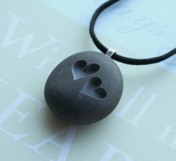 Two Hearts Together - Tiny PebbleGlyph (c) Pendent - engraved stone necklace