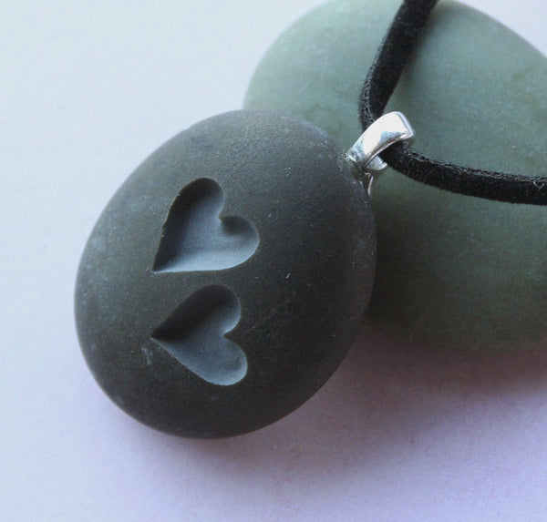 Two Hearts Together - Tiny PebbleGlyph (c) Pendent - engraved stone necklace