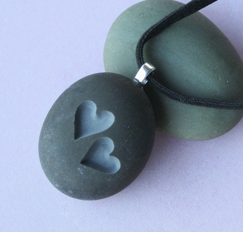 Two Hearts Together - Tiny PebbleGlyph (c) Pendent - engraved stone necklace