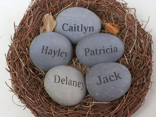 Personalized mothers gift nest - Set of 5 engraved stones in bird nest - engraved personalized gift