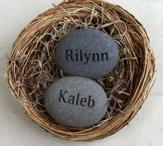 Mom's Nest (c) - Set of 2 name stones in bird nest
