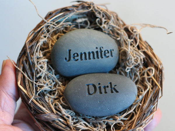 Mom's Nest (c) - Set of 2 name stones in bird nest