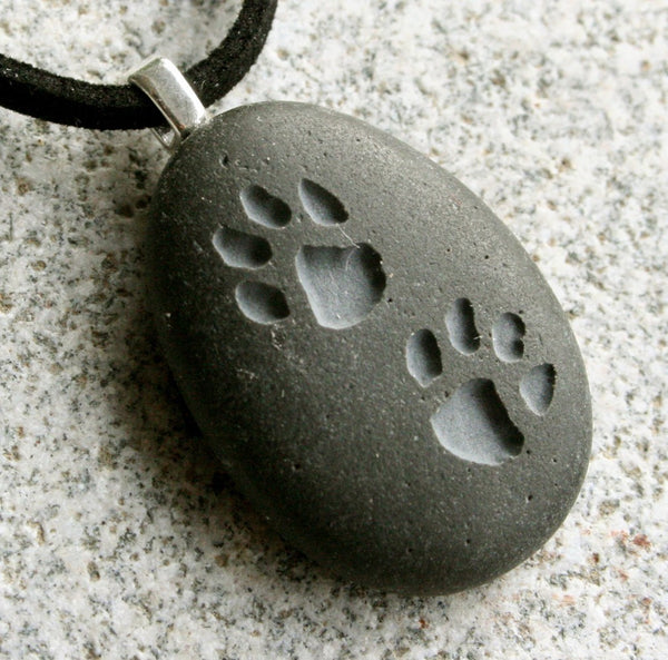 Pet lovers necklace - Puppy Pawprints Engraved Tiny PebbleGlyph (C)