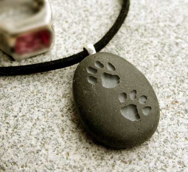 Pet lovers necklace - Puppy Pawprints Engraved Tiny PebbleGlyph (C)