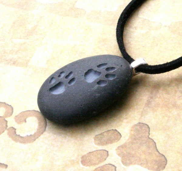 Pet lovers necklace - Puppy Pawprints Engraved Tiny PebbleGlyph (C)